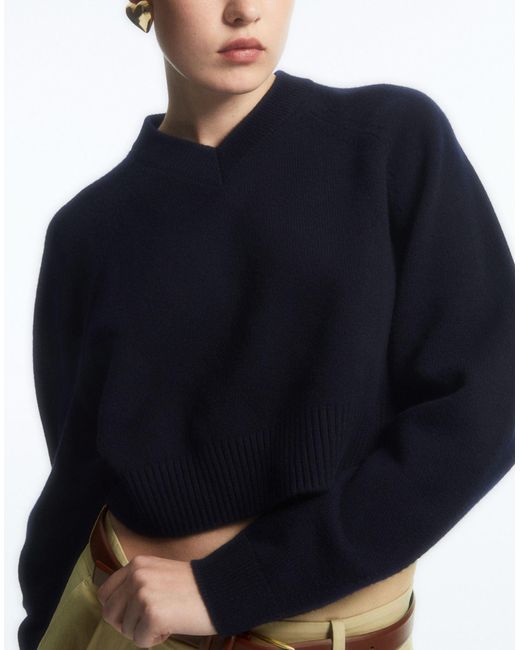 COS Blue Cropped V-neck Wool Sweater