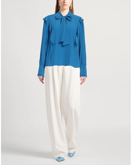 Dondup Blue Crepe Bow-Accented Silk-Blend Shirt