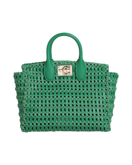 Ferragamo Green Handbag Calfskin, Natural Raffia