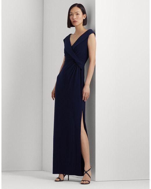 Ralph Lauren Blue Jersey Off-the-shoulder Gown