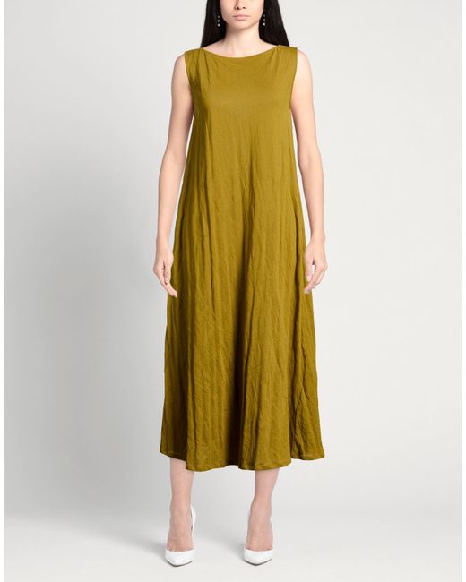 Apuntob Yellow Khaki Midi Dress Cotton, Metallic Fiber