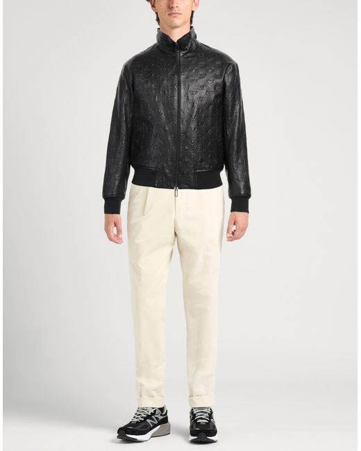 Emporio Armani Leather Knit-Trim Logo-Print Moto Jacket in Black 