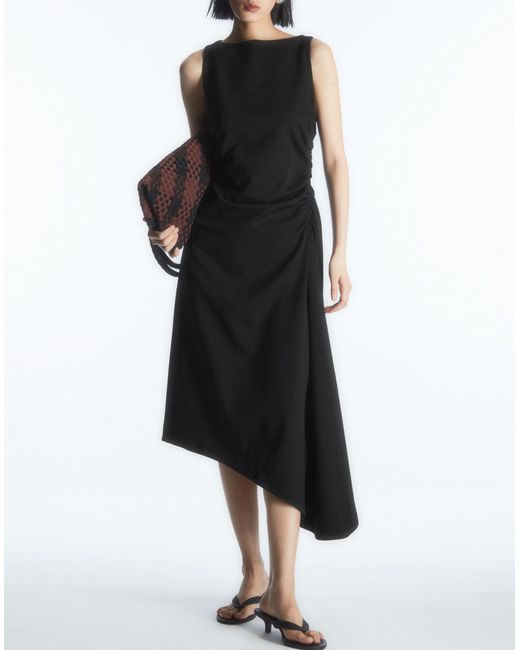 cos asymmetric gathered satin midi dress MAYNE STUDIOS - BAMBOO JERSEY RUCHED DRESS | BLUE