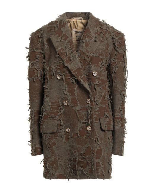 Uma Wang Brown Khaki Coat Virgin Wool, Wool, Cotton, Polyamide