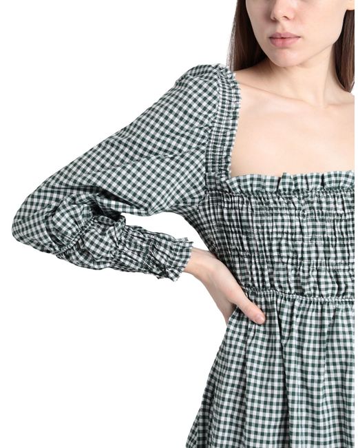 TOPSHOP Gray Shirred Long Sleeve Gingham Midi Dress