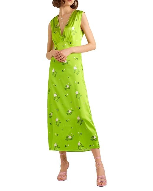 BERNADETTE Green Sarah Floral-print Stretch-silk Satin Midi Dress