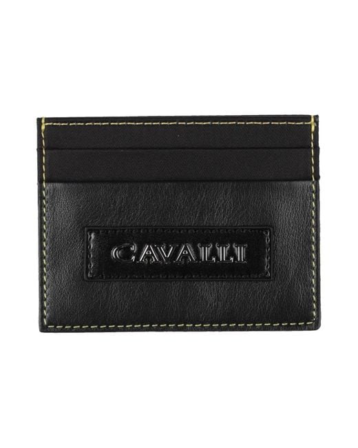 Roberto Cavalli Black Cardholder Cow Leather, Polyester for men