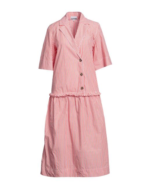 Ganni Pink Gathered Striped Cotton-poplin Midi Shirt Dress