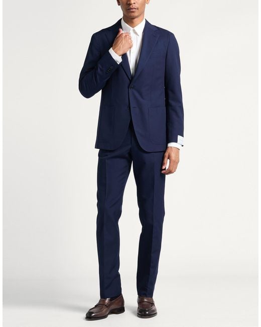 Caruso Blue Suit Wool, Cotton for men
