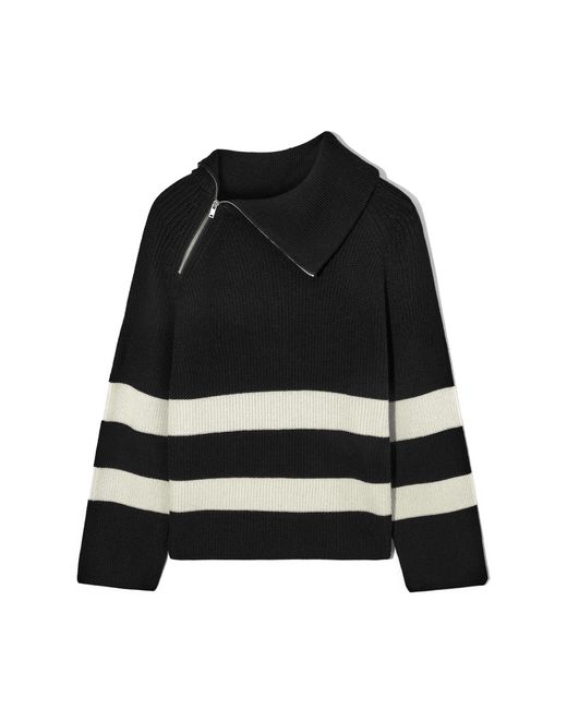 COS Black Zip-detail Striped Knitted Jumper
