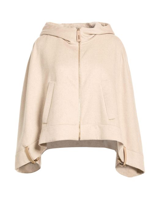 Max Mara Natural Cape Virgin Wool, Silk, Cashmere, Cow Leather