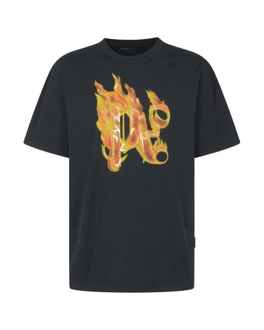 T-Shirt Burning Con Stampa di Palm Angels in Black da Uomo