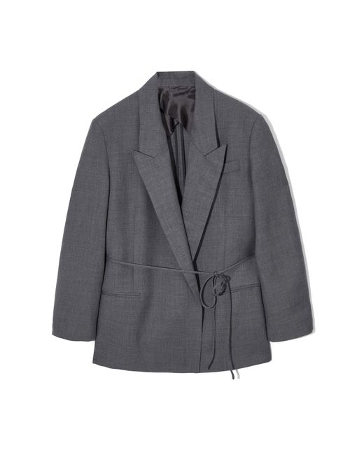 COS Gray Relaxed Belted Double-breasted Wool Blazer