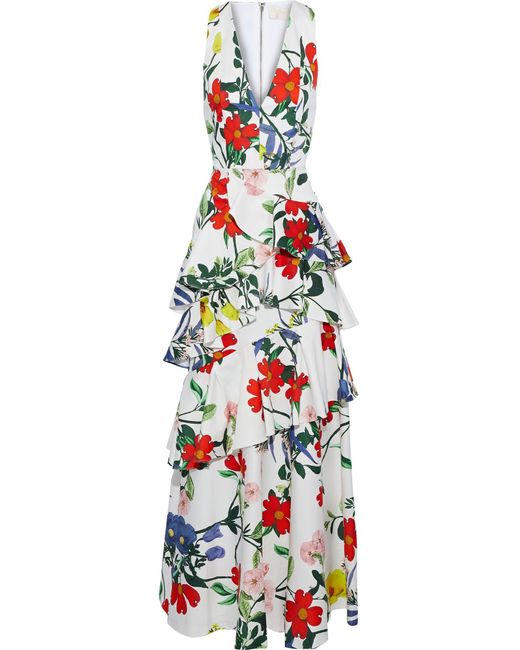 Alice + Olivia White Flossie Printed Ruffle-trimmed Gown