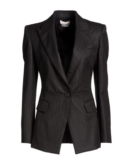 McQueen Black Charcoal Blazer Wool
