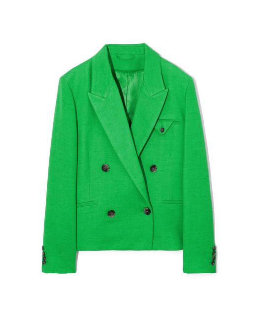COS Green Double-breasted Cropped Linen-blend Blazer