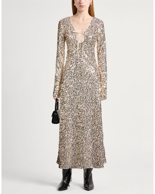 ROTATE BIRGER CHRISTENSEN Natural Sequined Maxi Dress With Deep V-Neckline