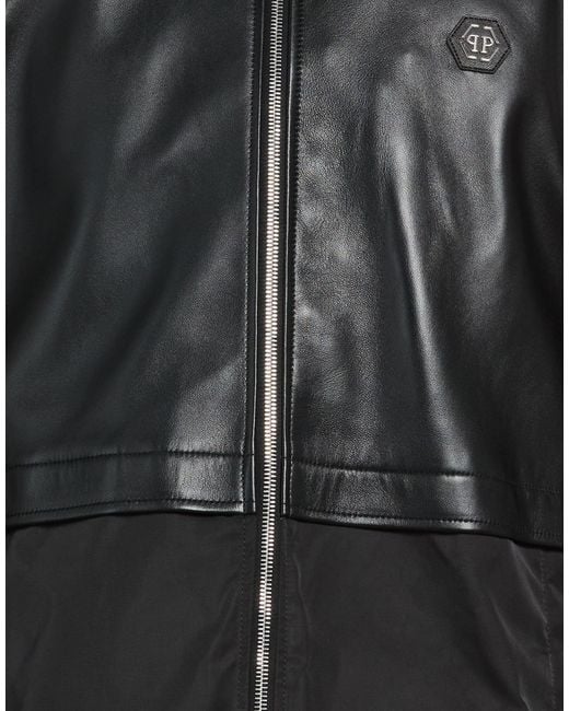Philipp Plein Black Jacket Lambskin, Polyester for men