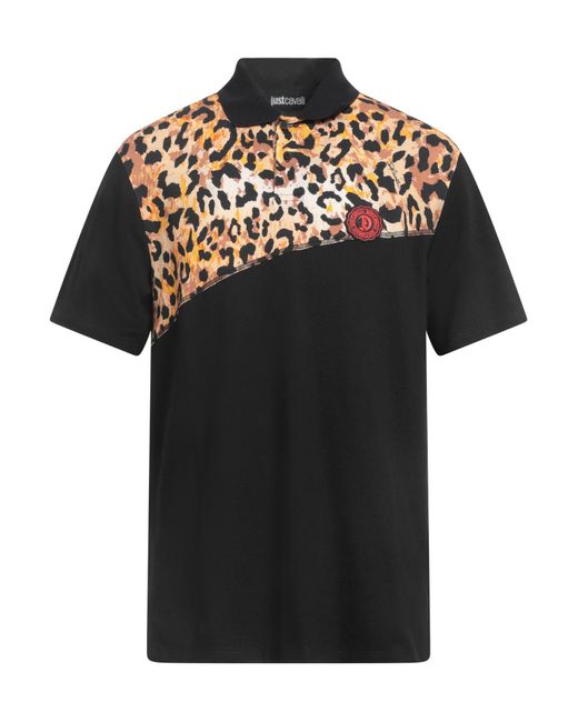 Just Cavalli Black Cotton Leopard-Print Polo Shirt for men