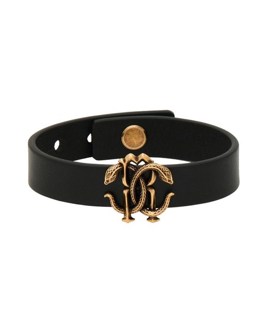 Roberto Cavalli Black Bracelet Leather, Metal for men