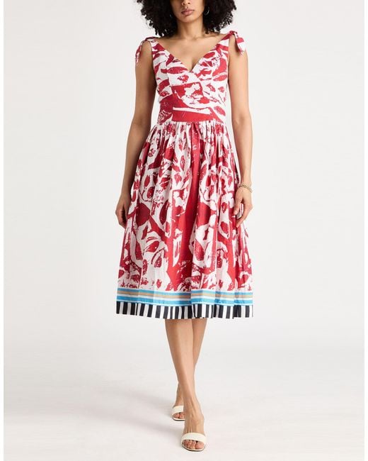 Stella Jean Red Midi Dress Cotton, Elastane