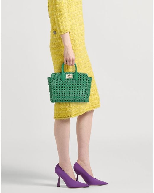 Ferragamo Green Handbag Calfskin, Natural Raffia