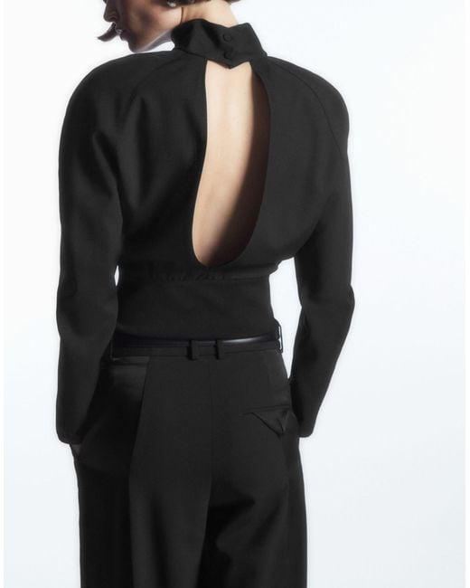 COS Black Power-shoulder Open-back Waisted Wool Top