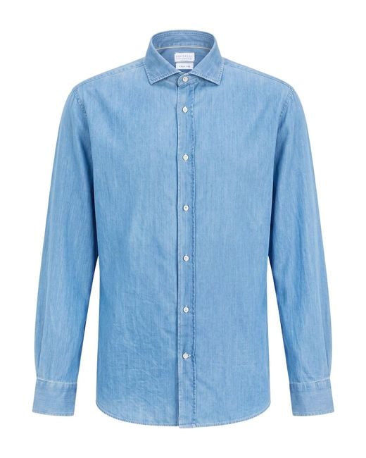 Brunello Cucinelli Blue Denim Shirt Cotton for men