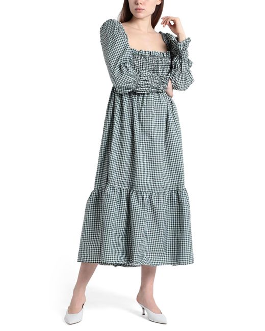 TOPSHOP Gray Shirred Long Sleeve Gingham Midi Dress
