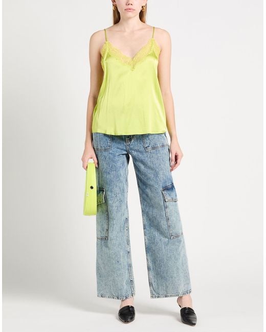 Pinko Yellow Satin Lace Deep-V Silk Top
