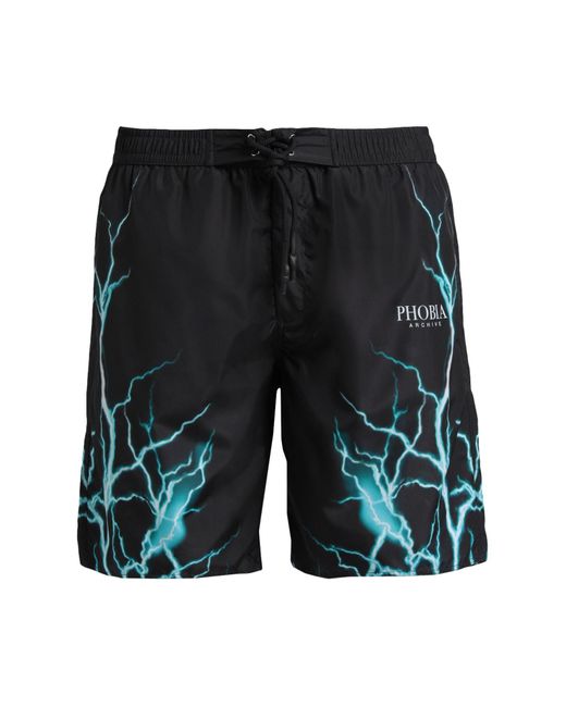 PHOBIA ARCHIVE Black Swimwear With Lightblue Lighting Swim Trunks Polyester for men
