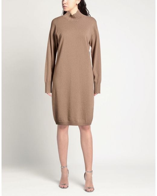 Fabiana Filippi Natural Taupe Midi Dress Virgin Wool, Silk, Cashmere, Recycled Brass