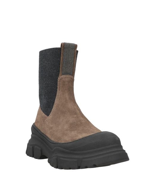 Brunello Cucinelli Brown Taupe Ankle Boots Leather, Textile Fibers