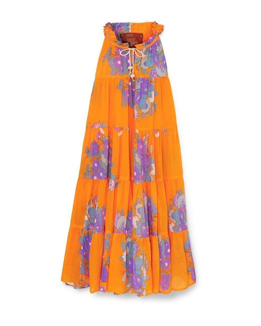 Yvonne S Orange Hippy Tiered Floral-print Cotton-voile Maxi Dress