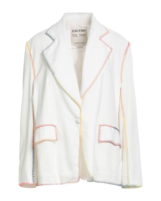 Escvdo White Embroidered Single-Breasted Blazer