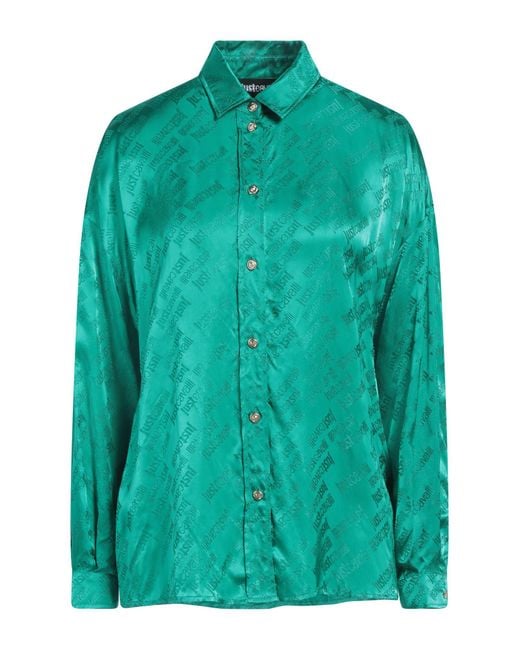 Just Cavalli Green Studded Logo-Print Viscose Satin Shirt