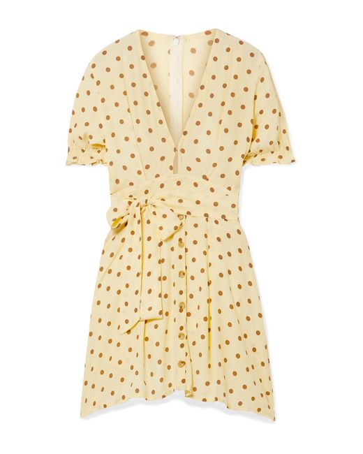 Faithfull The Brand Yellow Vanelli Tie-detailed Polka-dot Crepe Mini Dress