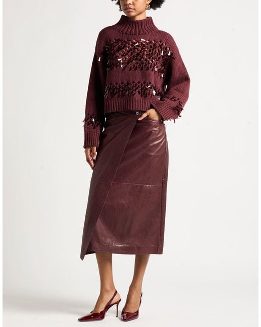 Brunello Cucinelli Purple Burgundy Midi Skirt Leather