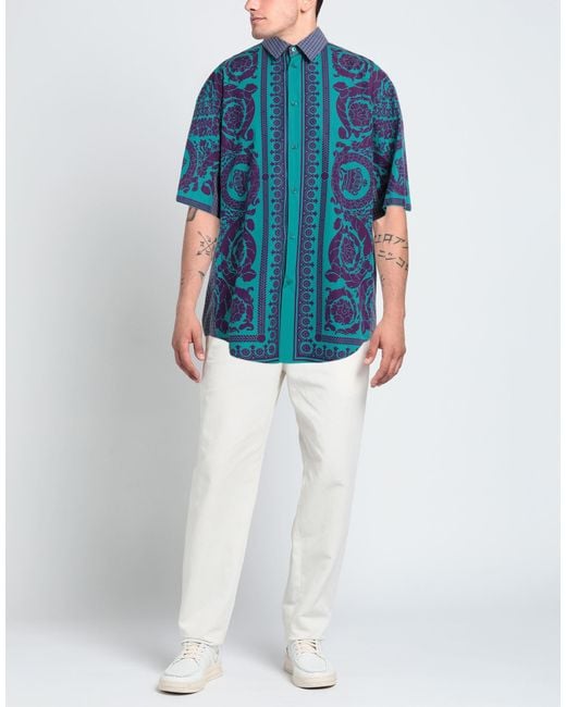 Versace Blue Barrocco Silhouette Checked Shirt for men