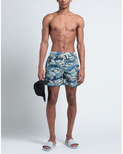Palm Angels Blue Sharks-print Swim Shorts for men