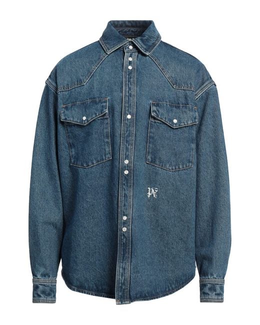 Palm Angels Blue Denim Shirt Cotton, Polyester for men
