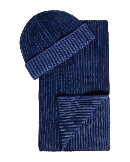 8 by YOOX Blue Recycled Extrafine Wool Ribbed Knit Hat & Scarf Set Accessories Set Recycled Wool for men