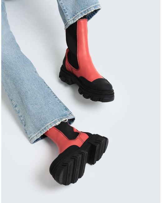 Ganni Red Cleated Leather Mid Chelsea Boots