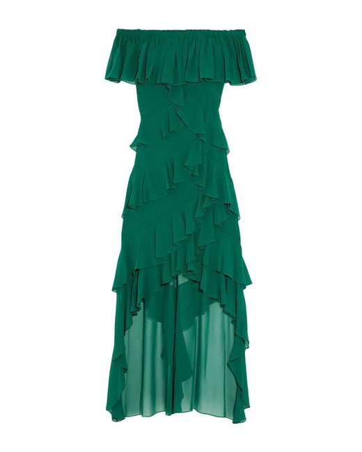 Badgley Mischka Green Off-the-shoulder Ruffled Chiffon Gown