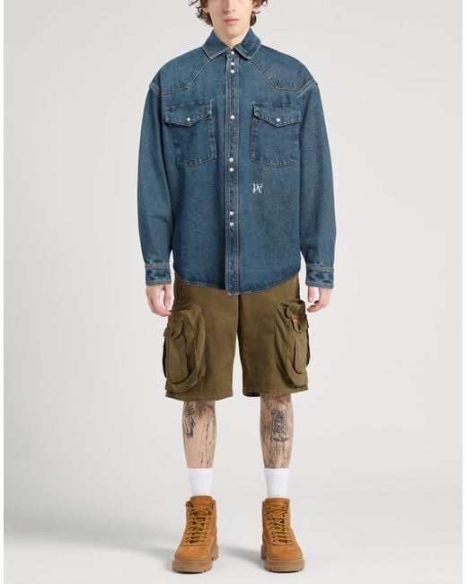 Palm Angels Blue Denim Shirt Cotton, Polyester for men
