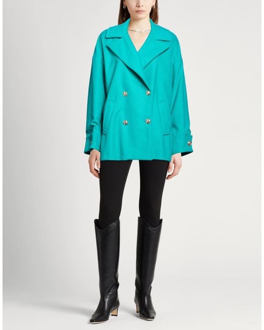 Liu Jo Blue Emerald Coat Polyester, Acrylic, Virgin Wool