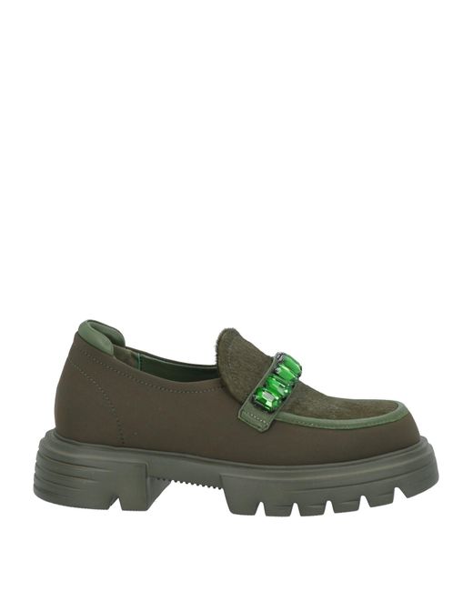 Jeannot Green Military Loafers Leather, Textile Fibers