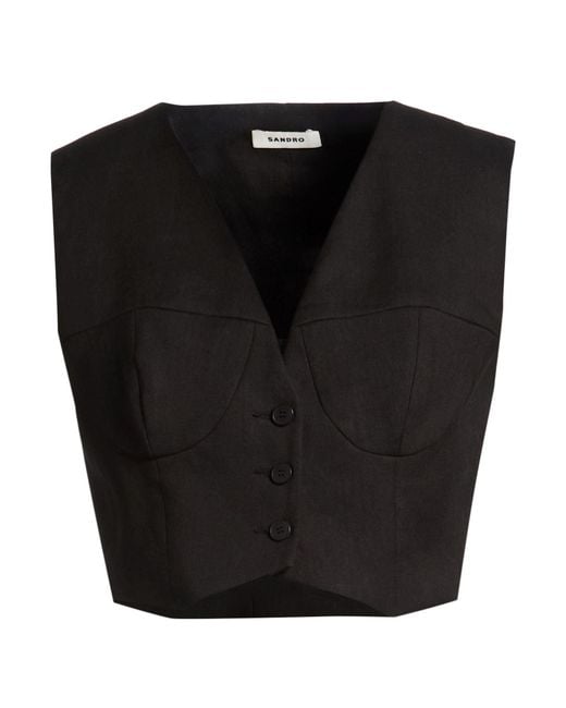 Sandro Black Tailored Vest Linen, Cotton, Elastane