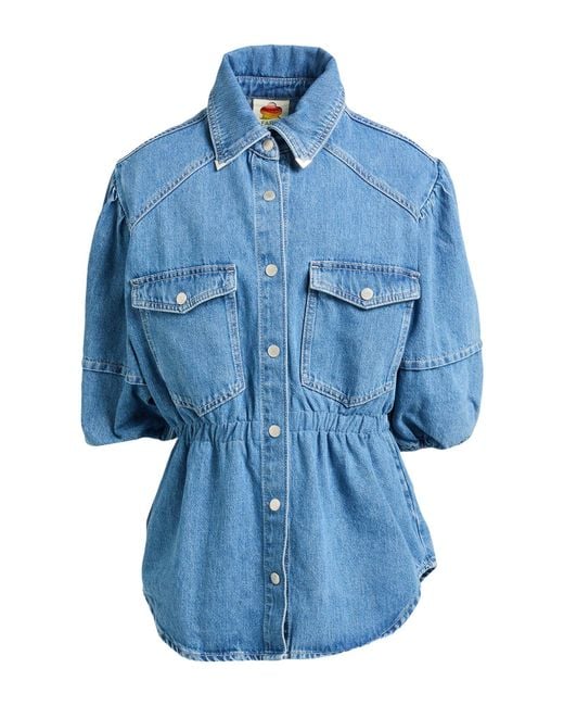 Farm Rio Blue Denim Shirt Puffing Sleeve Denim Shirt Cotton