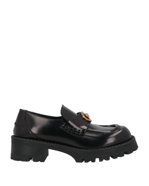 Versace Black Women Logo Leather Platform Loafers